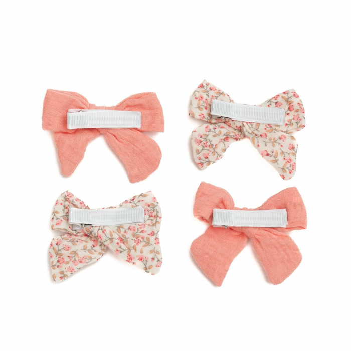 Set 4 clame cu funda pentru par, fetite, bumbac, Melvelo - Papaya / Pink Flower [2]