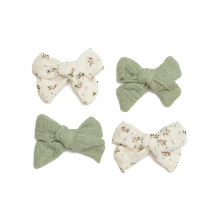 Set 4 clame cu funda pentru par, fetite, bumbac, Melvelo - Sage / Cream [2]