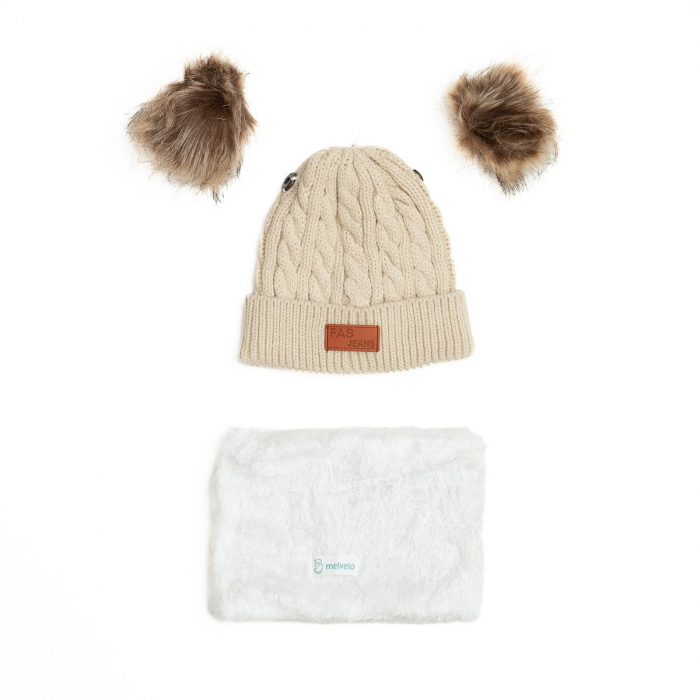 Set Caciula crosetata cu doua moate detasabile si fular imblanit, copii, Melvelo - Beige [2]