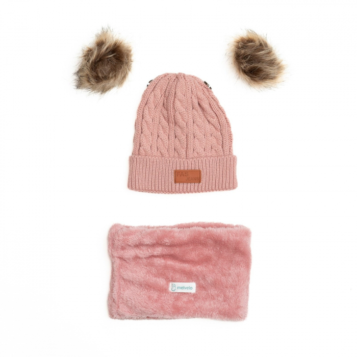 Set Caciula crosetata cu doua moate detasabile si fular imblanit, copii, Melvelo - Blush [2]