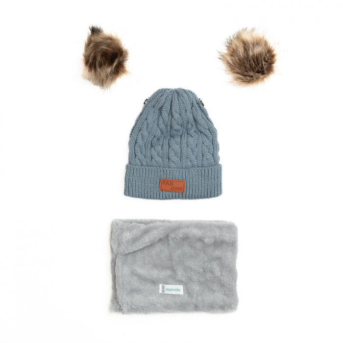 Set Caciula crosetata cu doua moate detasabile si fular imblanit, copii, Melvelo - Gray [2]
