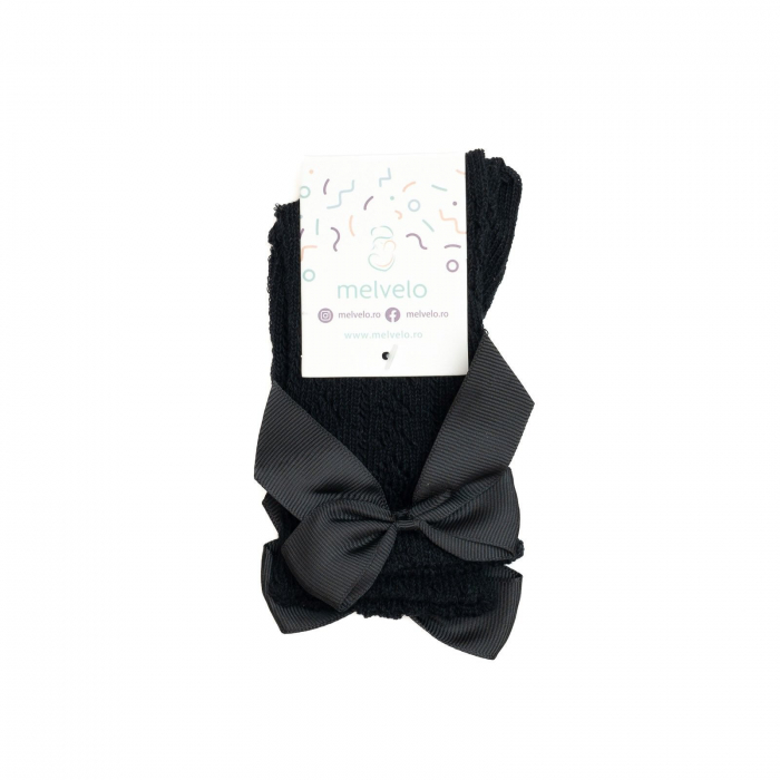 Sosete lungi din bumbac,crosetate, cu funda, fetite, Melvelo - Black [2]