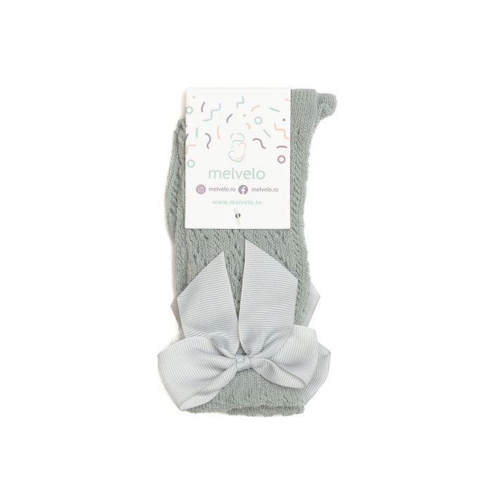 Sosete lungi din bumbac,crosetate, cu funda, fetite, Melvelo - Sage [3]