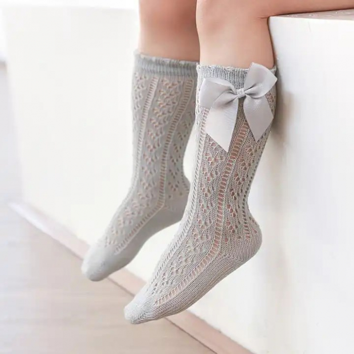 Sosete lungi din bumbac,crosetate, cu funda, fetite, Melvelo - Sage [4]
