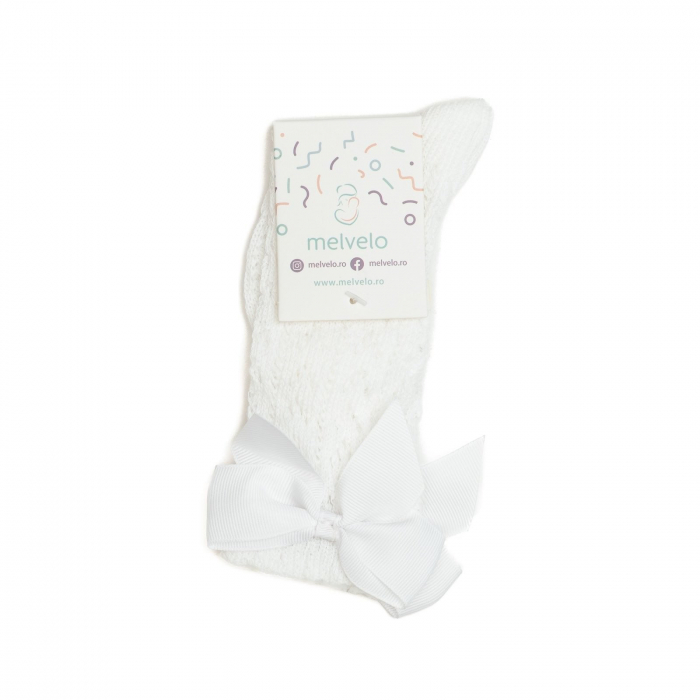 Sosete lungi din bumbac,crosetate, cu funda, fetite, Melvelo - White [3]