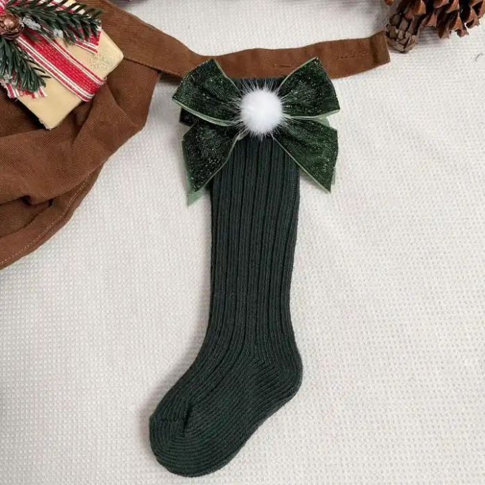 Sosete lungi din bumbac, crosetate, cu funda, Melvelo, Christmas - Green [3]