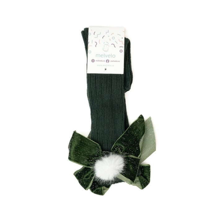 Sosete lungi din bumbac, crosetate, cu funda, Melvelo, Christmas - Green [2]