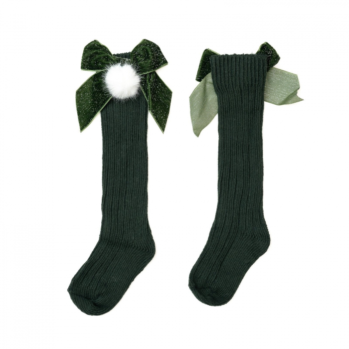 Sosete lungi din bumbac, crosetate, cu funda, Melvelo, Christmas - Green [4]