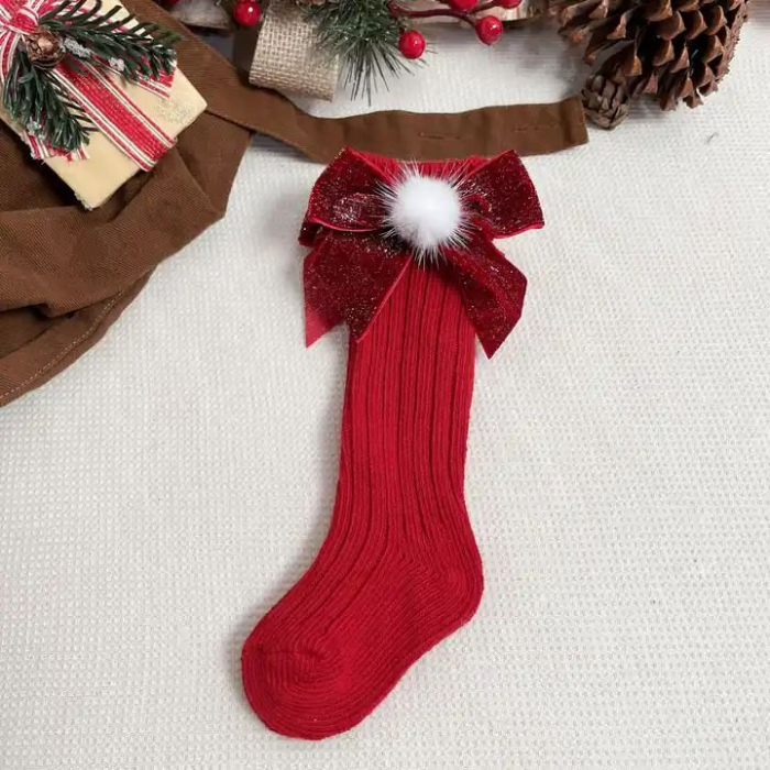 Sosete lungi din bumbac, crosetate, cu funda, Melvelo, Christmas - Red [3]
