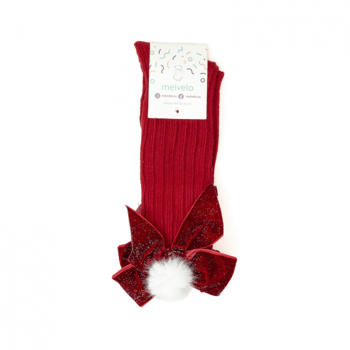Sosete lungi din bumbac, crosetate, cu funda, Melvelo, Christmas - Red [2]