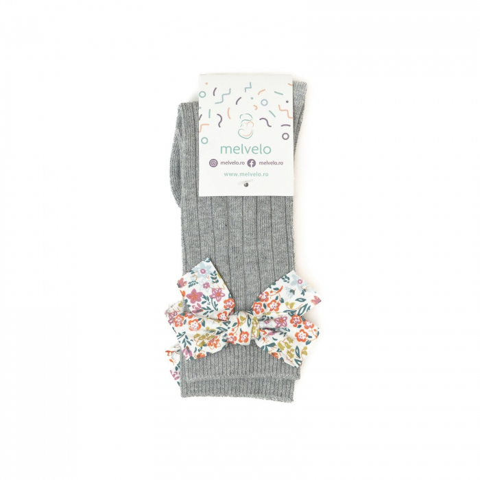Sosete lungi din bumbac, cu funda, crosetate, fetite, Melvelo - Gray [2]