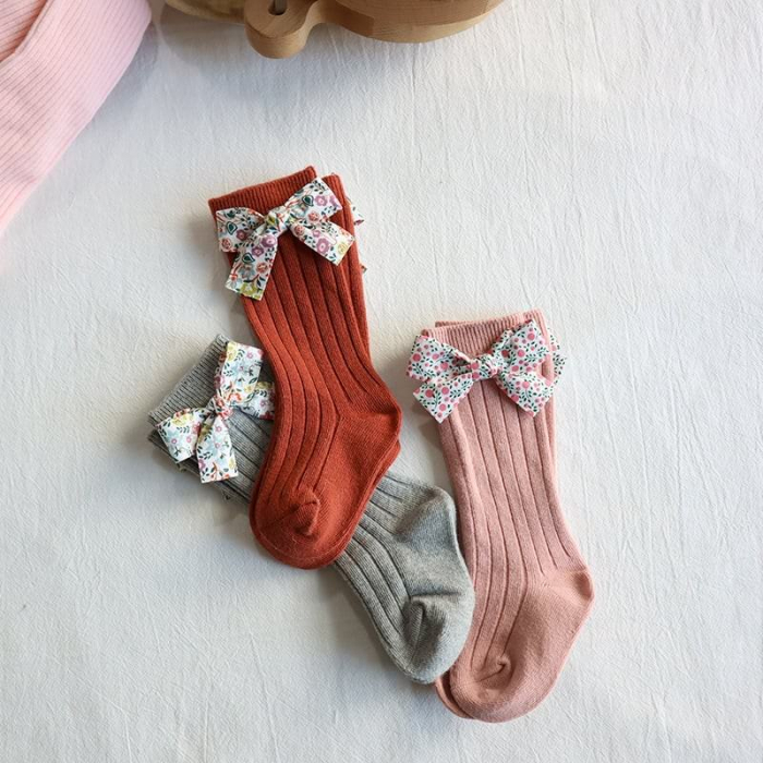 Sosete lungi din bumbac, cu funda, crosetate, fetite, Melvelo - Gray [7]