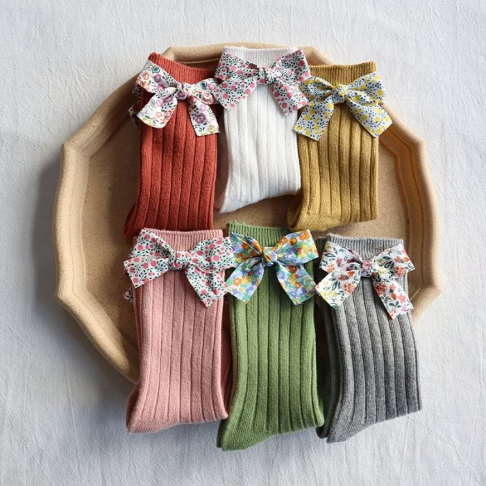 Sosete lungi din bumbac, cu funda, crosetate, fetite, Melvelo - Gray [5]