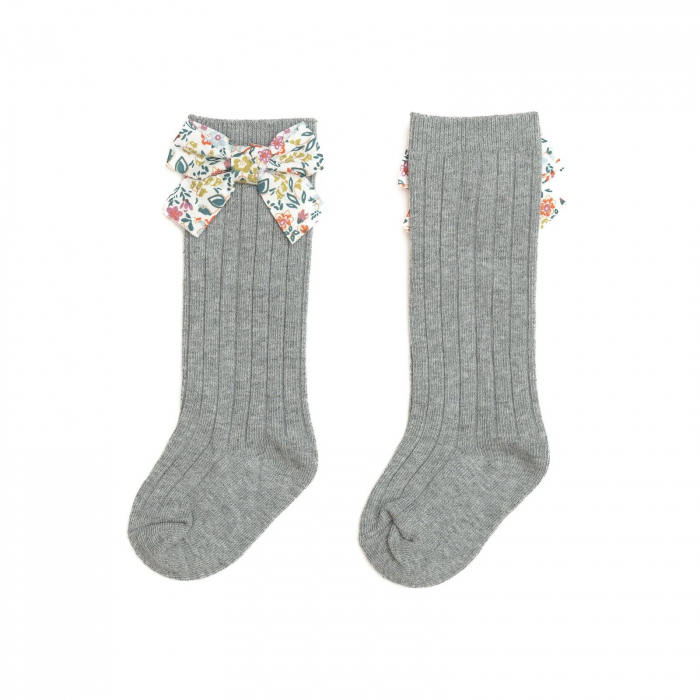 Sosete lungi din bumbac, cu funda, crosetate, fetite, Melvelo - Gray [3]
