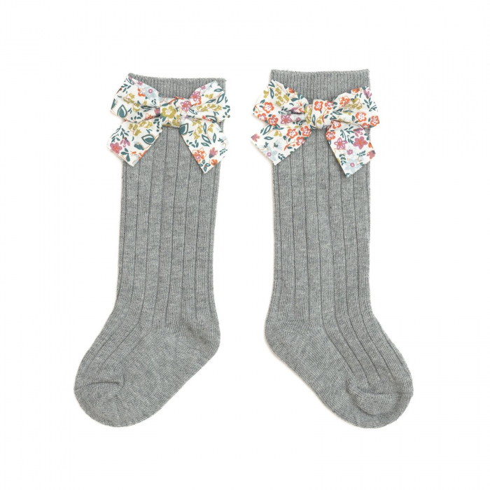 Sosete lungi din bumbac, cu funda, crosetate, fetite, Melvelo - Gray [4]