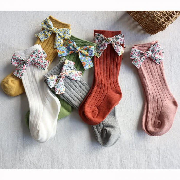 Sosete lungi din bumbac, cu funda, crosetate, fetite, Melvelo - Gray [6]