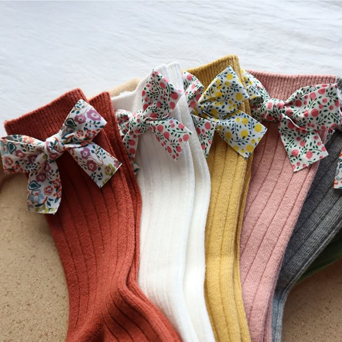 Sosete lungi din bumbac, cu funda, crosetate, fetite, Melvelo - Peach [6]