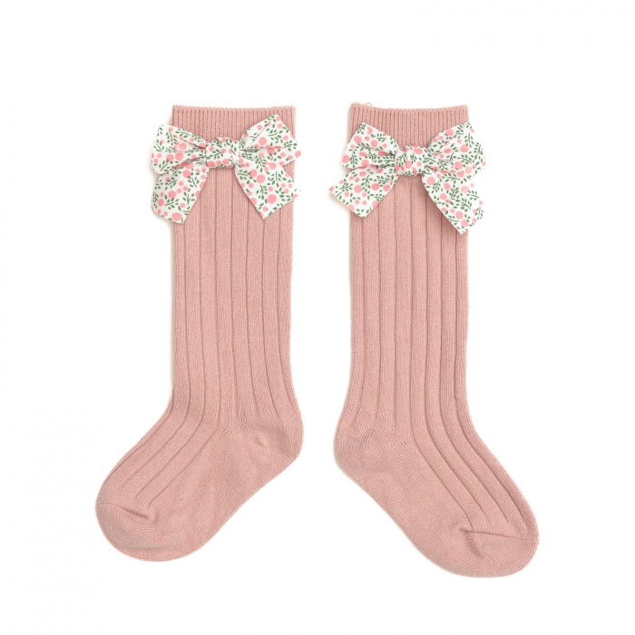 Sosete lungi din bumbac, cu funda, crosetate, fetite, Melvelo - Peach [3]