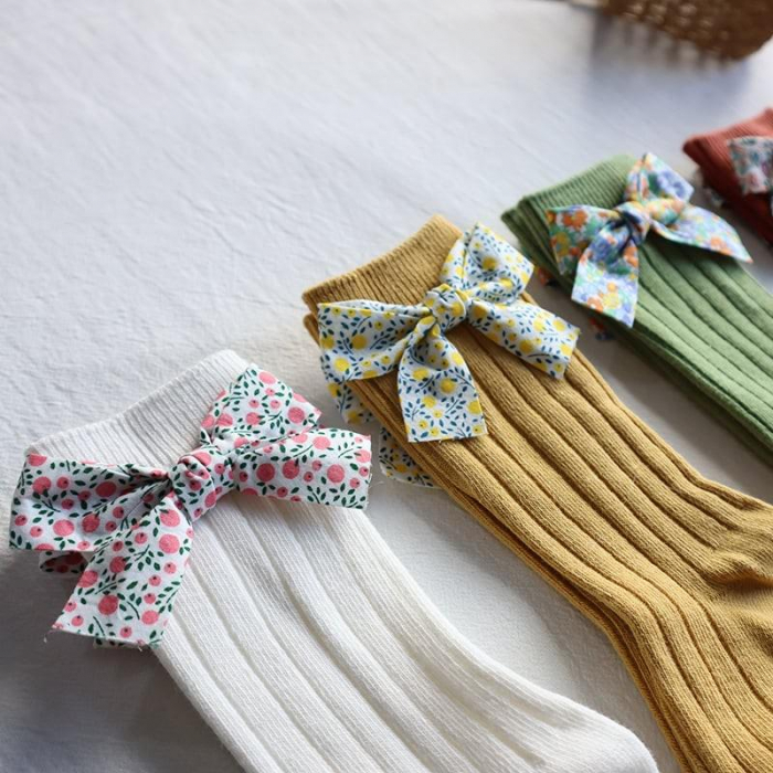 Sosete lungi din bumbac, cu funda, crosetate, fetite, Melvelo - White [6]