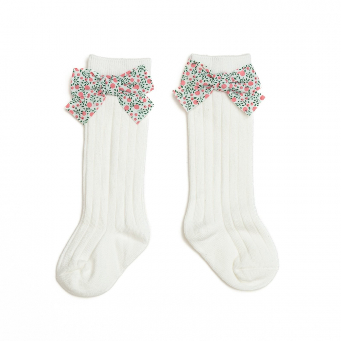 Sosete lungi din bumbac, cu funda, crosetate, fetite, Melvelo - White [3]