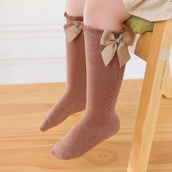 Sosete lungi din bumbac, cu funda, crosetate, fetite, model lateral, Melvelo - Earth [3]