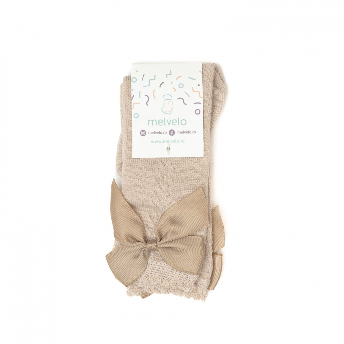 Sosete lungi din bumbac, cu funda, crosetate, fetite, model lateral, Melvelo - Vanilla [2]