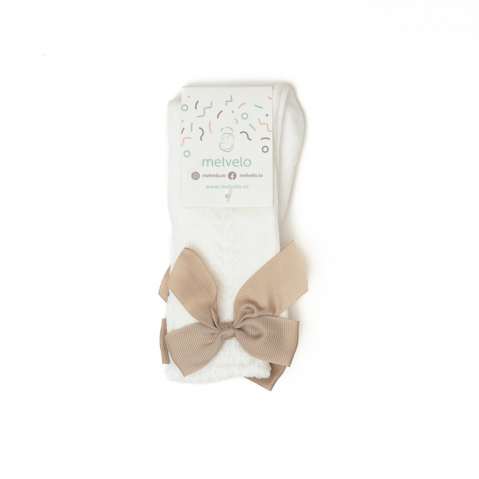 Sosete lungi din bumbac, cu funda, crosetate, fetite, model lateral, Melvelo - White [2]