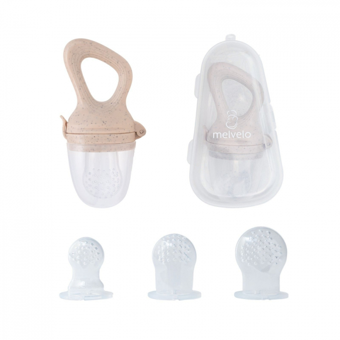 Suzeta fructe pentru bebelusi, tetina din silicon alimentar, + 4 luni, 3 tetine, Melvelo, Rock - Oatmel [2]