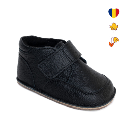 Ghete - Ghetute Barefoot Copii din Piele Naturala cu Captuseala Textila – Primii Pasi, Talpa Flexibila Cauciuc, Toamna-Primavara | Melvelo - Black