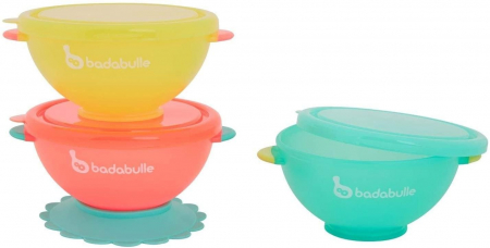 Servire masa copii - Badabulle - Set 3 boluri colorate pentru mancare, cu suport inclus