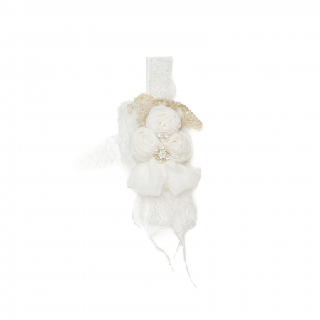 Imbracaminte si incaltaminte - Bentita bebe, eleganta, ingusta cu florii, dantela si perle, satin, Melvelo - White