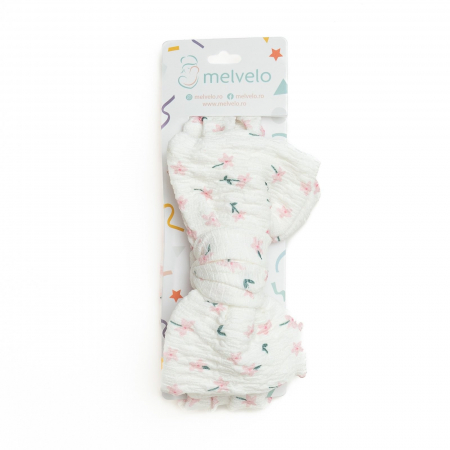 Bentita bebe, lata cu funda, bumbac, Melvelo, Dusk - Pink Flower [1]