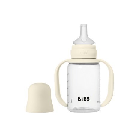Produse - BIBS - Set biberon tip Sippy Cup PP 150 ml cu cioc din silicon și sistem antipicurare, Ivory