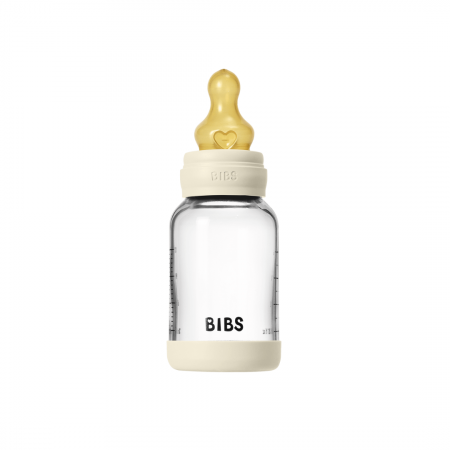 Produse - BIBS - Set complet biberon din sticla anticolici cu tetina din latex, flux lent, 120 ml, Ivory