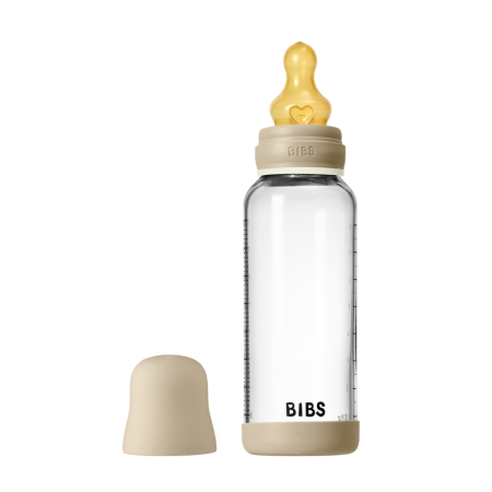 Produse - BIBS - Set complet biberon fosforescent din sticla anticolici cu tetina din latex, flux mediu, 240 ml, Vanilla Glow
