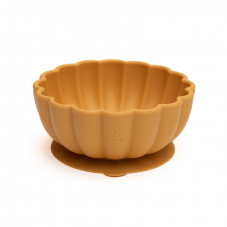 Servire masa copii - Bol pumpkin rotund din silicon alimentar cu ventuza pentru diversificare, anti-alunecare, Melvelo - Mustard