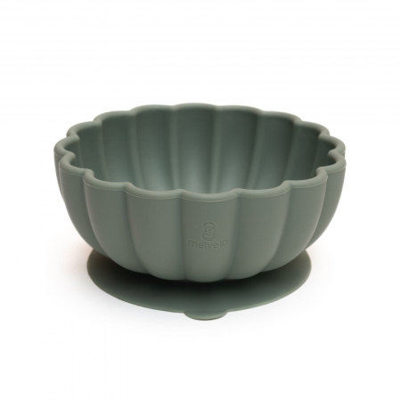 Servire masa copii - Bol pumpkin rotund din silicon alimentar cu ventuza pentru diversificare, anti-alunecare, Melvelo - Sage