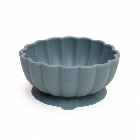 Servire masa copii - Bol pumpkin rotund din silicon alimentar cu ventuza pentru diversificare, anti-alunecare, Melvelo - Teal Blue