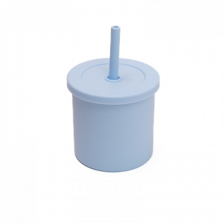 Servire masa copii - Cana anti-varsare din silicon alimentar cu pai, 2 in 1, pentru gustari sau lichide, 300ml, Melvelo - Baby Blue