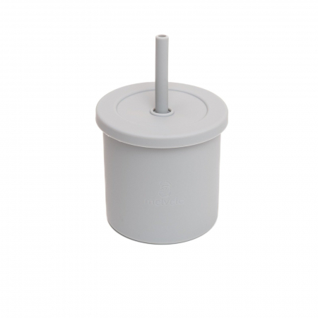 Servire masa copii - Cana anti-varsare din silicon alimentar cu pai, 2 in 1, pentru gustari sau lichide, 300ml, Melvelo - Gray
