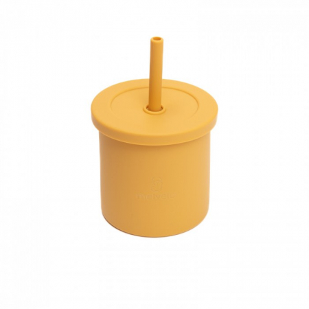 Servire masa copii - Cana anti-varsare din silicon alimentar cu pai, 2 in 1, pentru gustari sau lichide, 300ml, Melvelo - Mustard