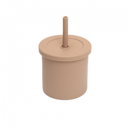 Servire masa copii - Cana anti-varsare din silicon alimentar cu pai, 2 in 1, pentru gustari sau lichide, 300ml, Melvelo - Natural