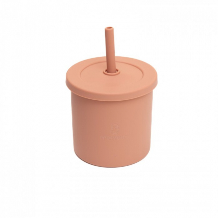 Servire masa copii - Cana anti-varsare din silicon alimentar cu pai, 2 in 1, pentru gustari sau lichide, 300ml, Melvelo - Peach
