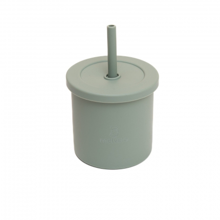 Servire masa copii - Cana anti-varsare din silicon alimentar cu pai, 2 in 1, pentru gustari sau lichide, 300ml, Melvelo - Sage