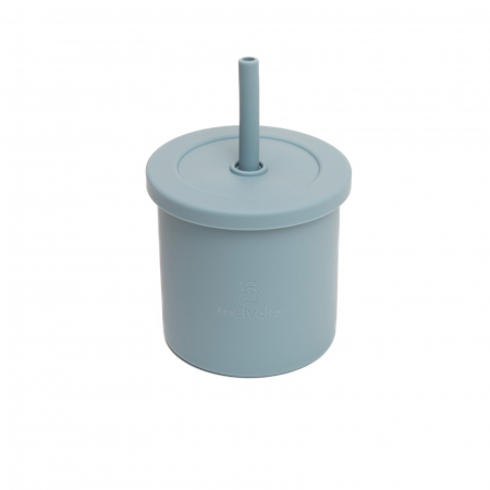 Servire masa copii - Cana anti-varsare din silicon alimentar cu pai, 2 in 1, pentru gustari sau lichide, 300ml, Melvelo - Teal Blue