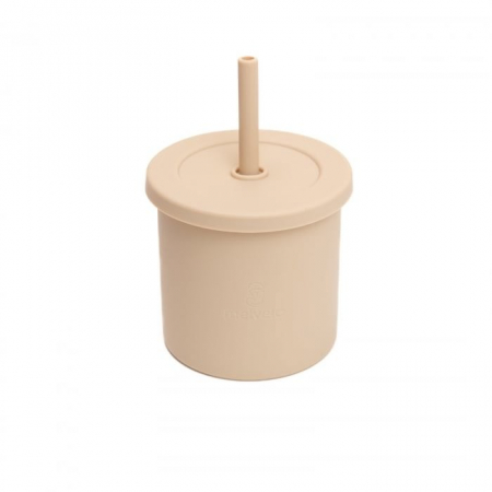 Servire masa copii - Cana anti-varsare din silicon alimentar cu pai, 2 in 1, pentru gustari sau lichide, 300ml, Melvelo - Vanilla