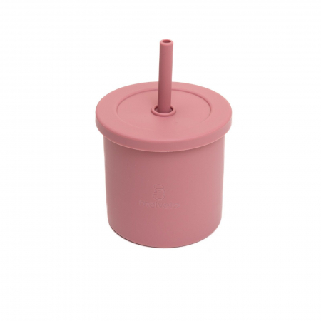 Servire masa copii - Cana anti-varsare din silicon alimentar cu pai, 2 in 1, pentru gustari sau lichide, 300ml, Melvelo - Woodchuck