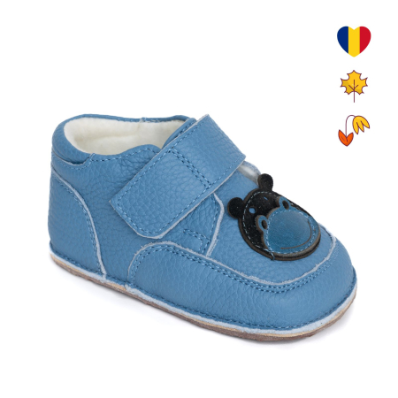 Ghete - Ghetute Barefoot Copii din Piele Naturala cu Captuseala Textila – Primii Pasi, Talpa Flexibila Cauciuc, Toamna-Primavara | Melvelo - Baby Blue / Bear