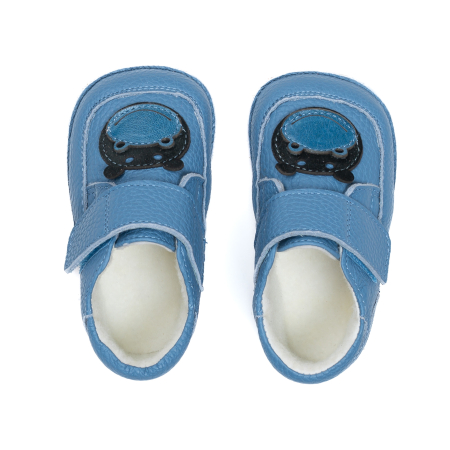 Ghetute Barefoot Copii din Piele Naturala cu Captuseala Textila – Primii Pasi, Talpa Flexibila Cauciuc, Toamna-Primavara | Melvelo - Baby Blue / Bear [1]