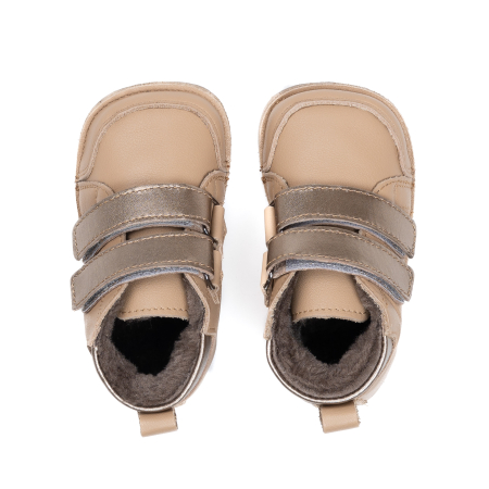 ​​​​​​​Ghetute Barefoot Copii din Piele Naturala Imblanite – Primii Pasi, Talpa Flexibila Cauciuc, Iarna | Melvelo - Metallic Beige [1]